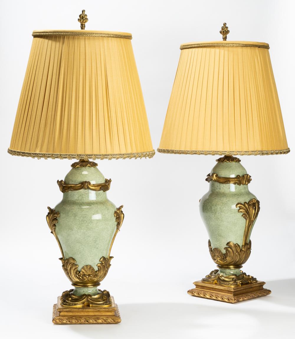 PAIR OF GILT METAL AND GREEN-GLAZED