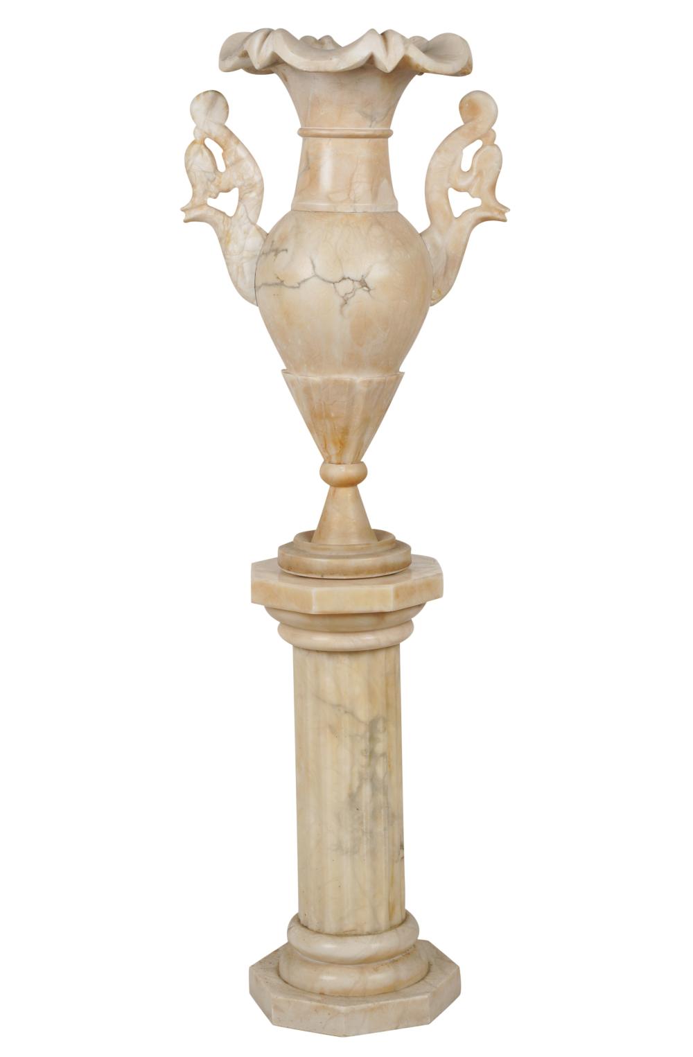 CARVED MARBLE URN AND PEDESTALCarved