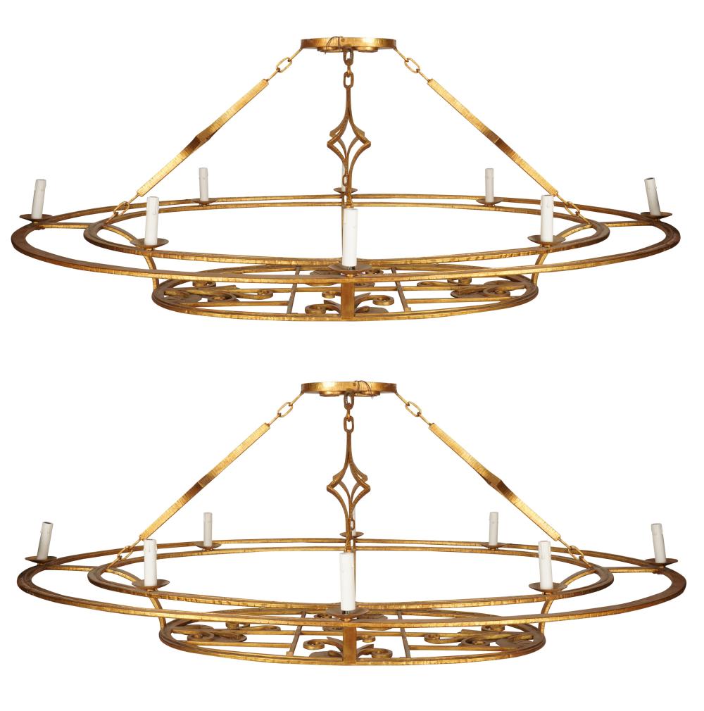 PAIR OF GILT METAL OVAL CHANDELIERSPair