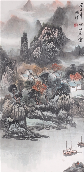 Vintage Chinese scroll river village 304053