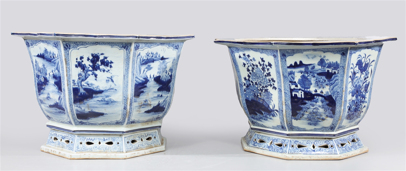 Pair Chinese flow blue footed faceted 30411c