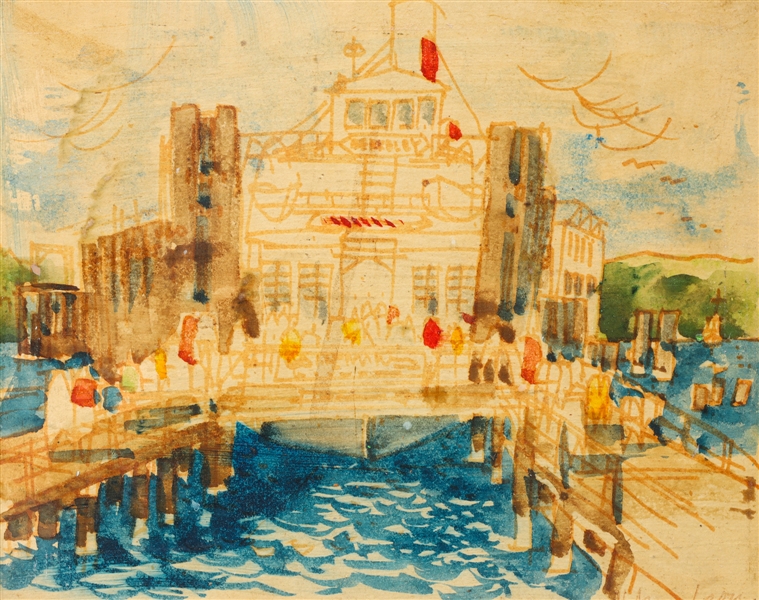 Watercolor, attributed, ship at harbor,