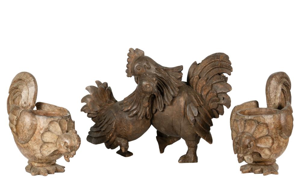 THREE CARVED WOOD FIGURESThree 3043b8