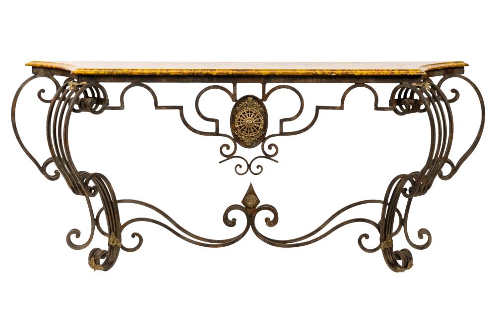 IRON AND PAINTED WOOD CONSOLE TABLEIron