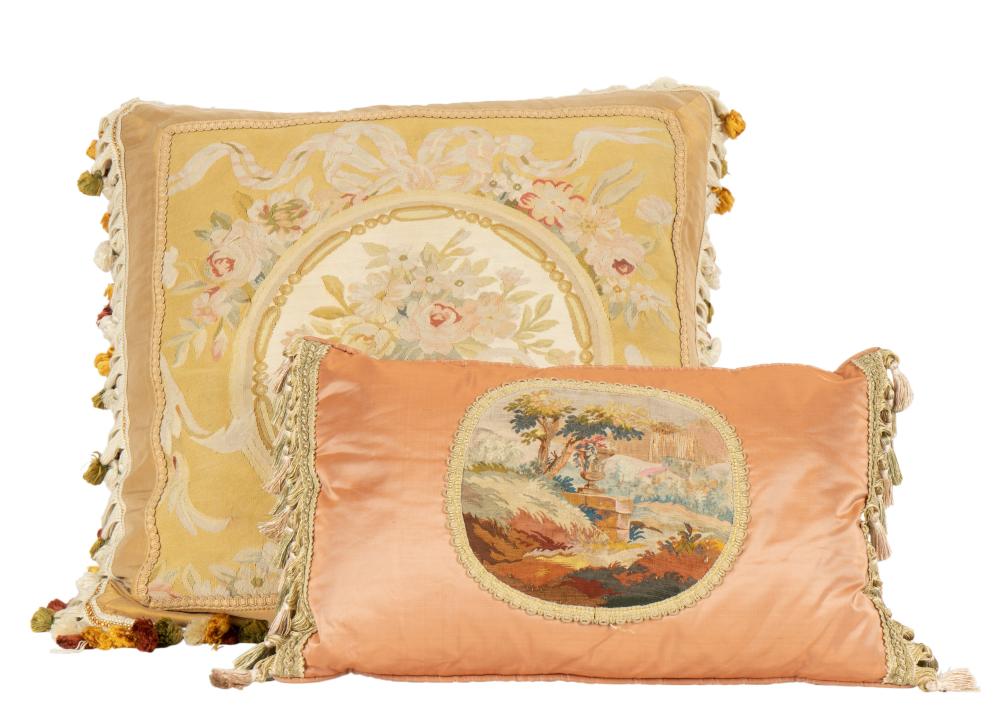 TWO SILK AND TAPESTRY THROW PILLOWSTwo