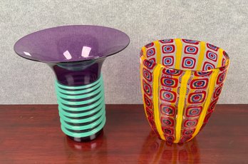 Two colorful art glass vases, including: