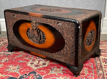 A vintage camphor wood chest, with floral