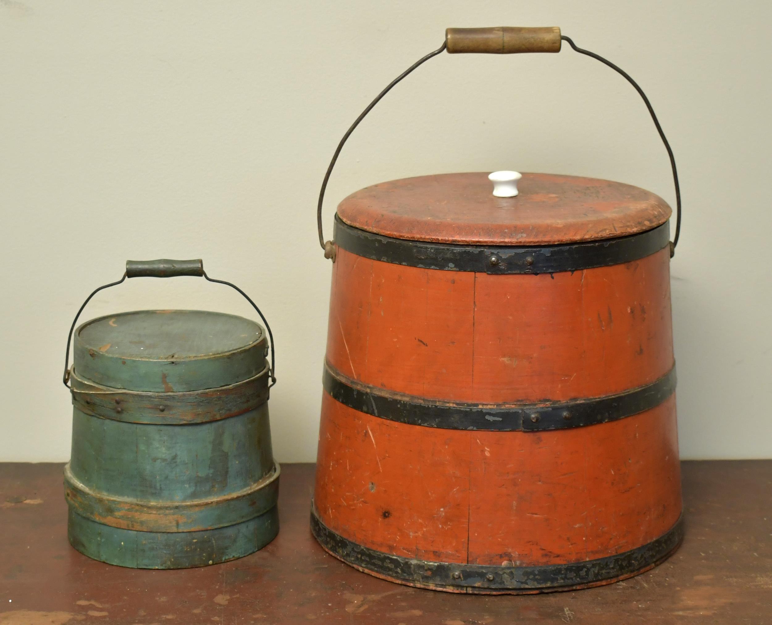 TWO ANTIQUE PAINTED FIRKINS. Two