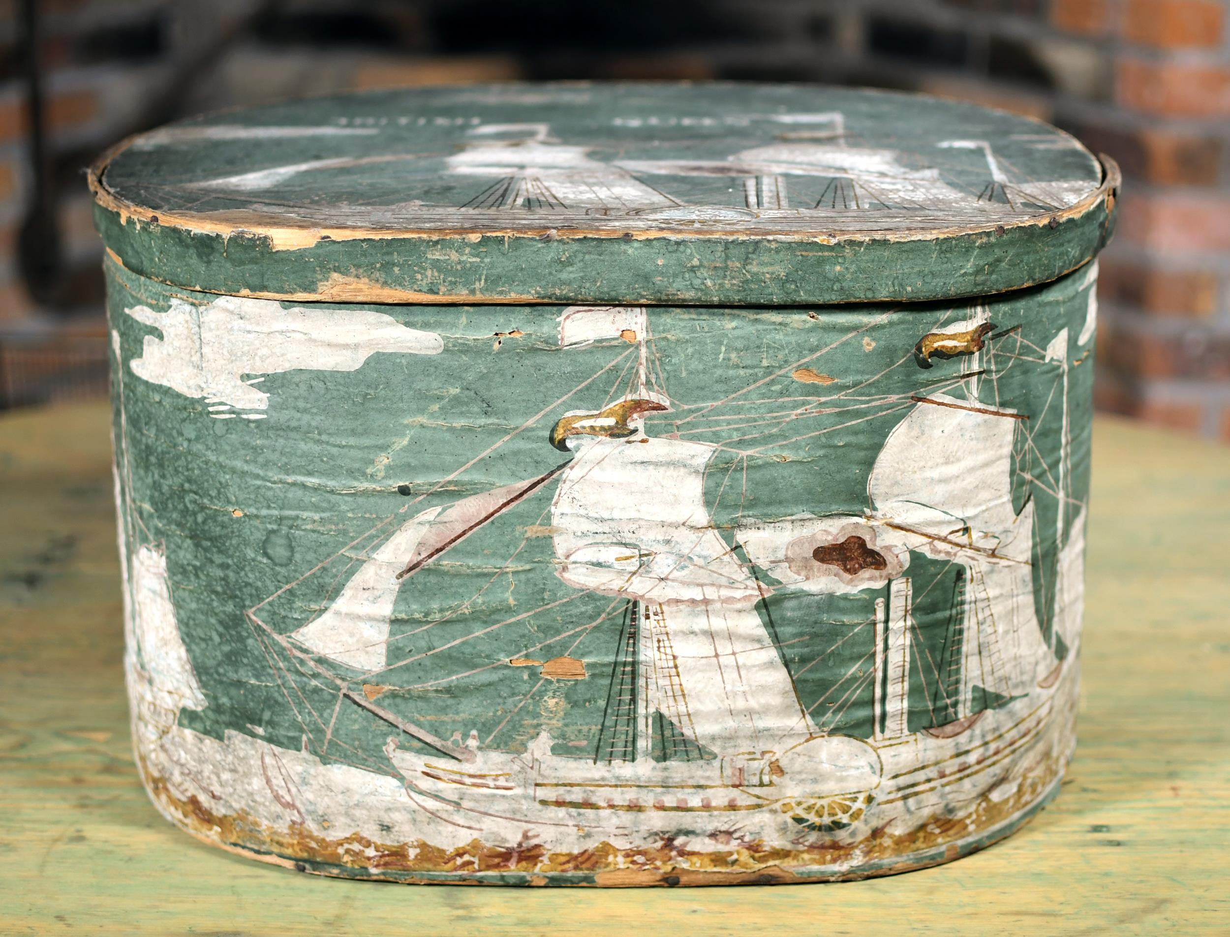 19TH C. WALLPAPER HAT BOX. American,