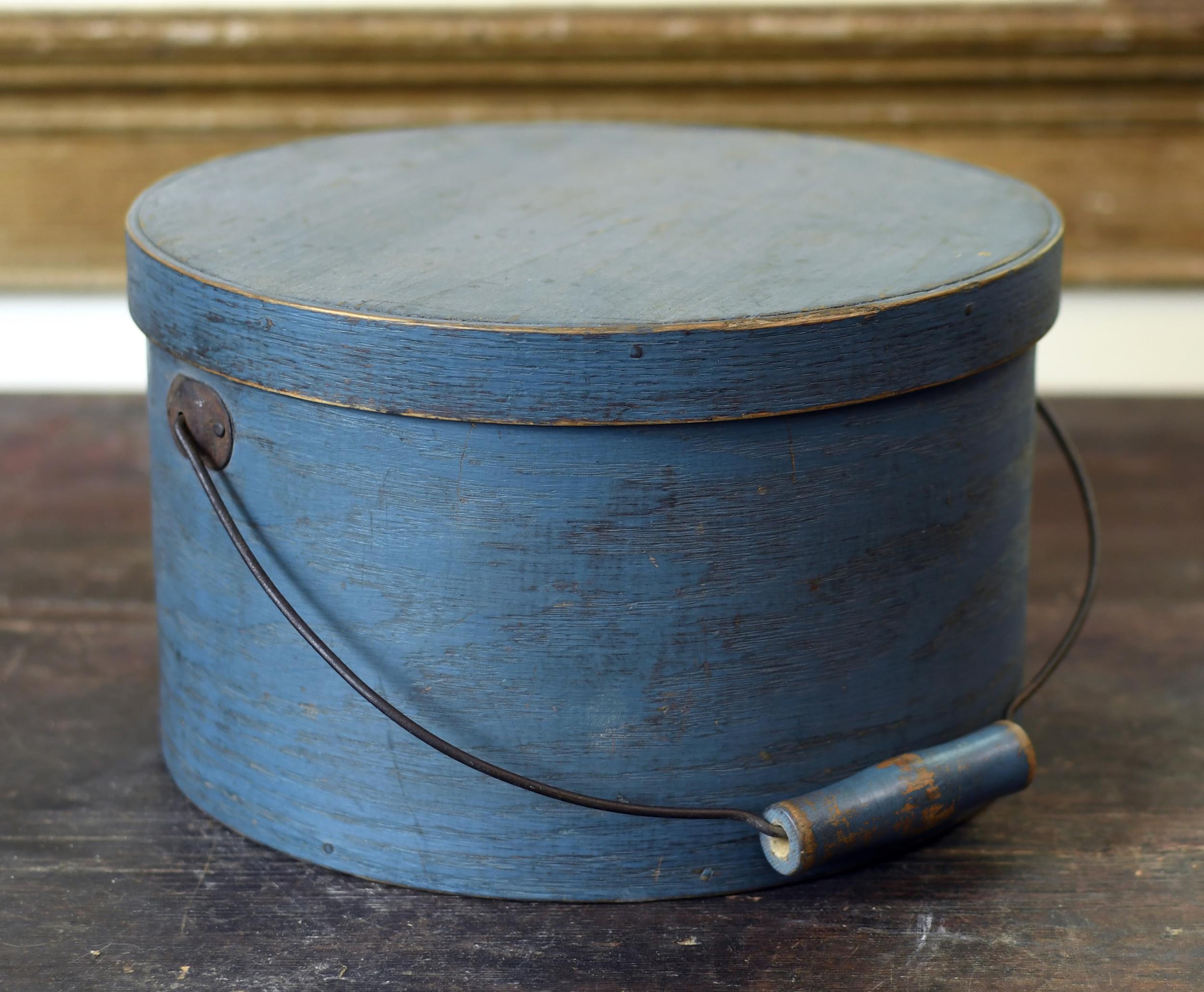 ANTIQUE BLUE PAINTED HANDLED PANTRY