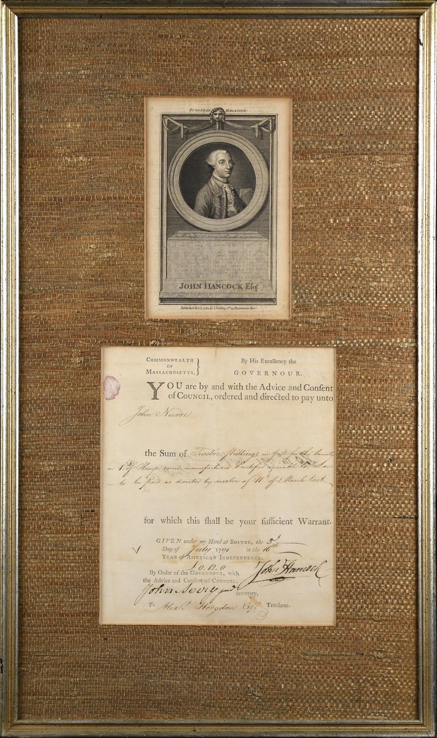 1791 JOHN HANCOCK SIGNED DOCUMENT.