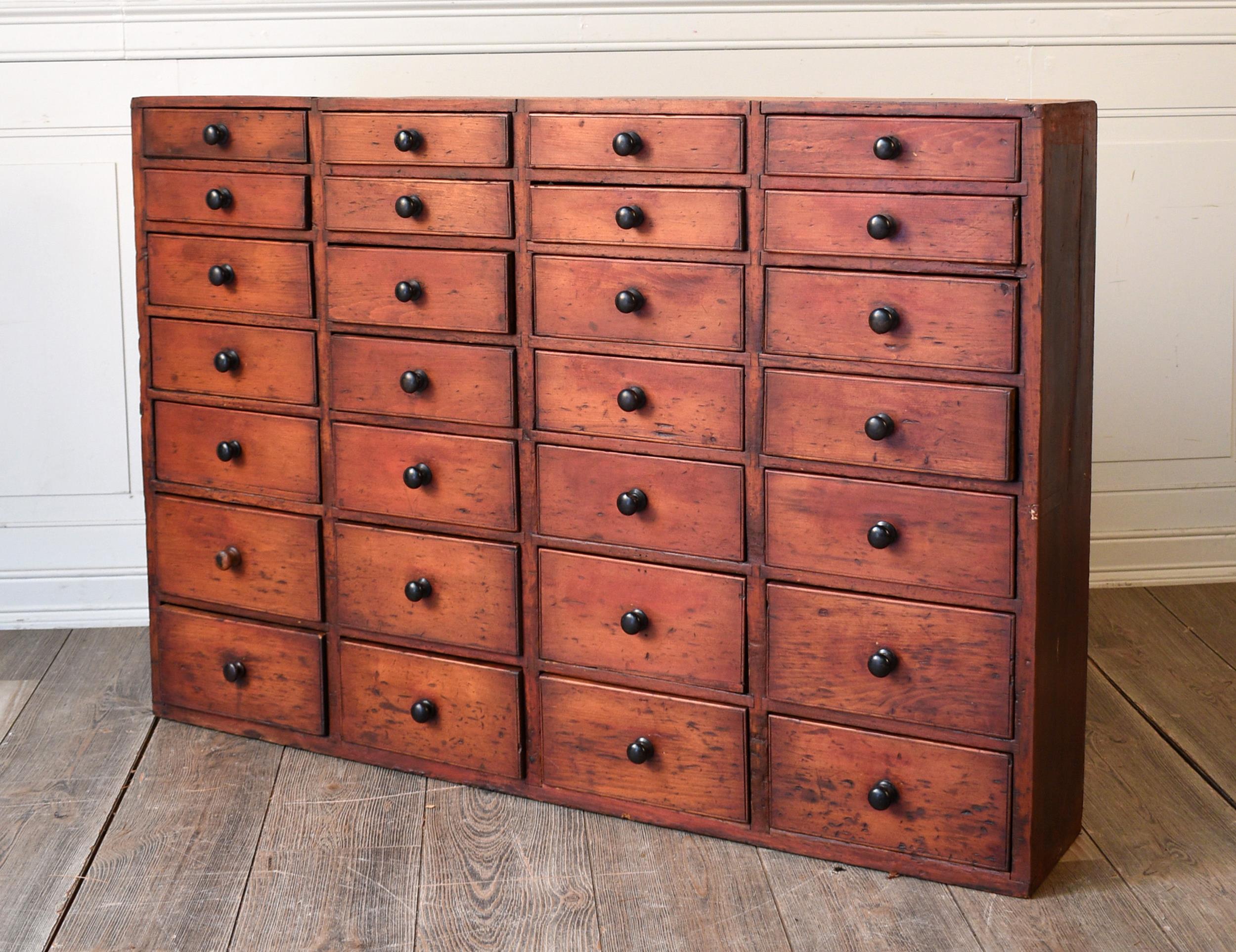 ANTIQUE 28 DRAWER RED STAINED APOTHECARY 3073c0