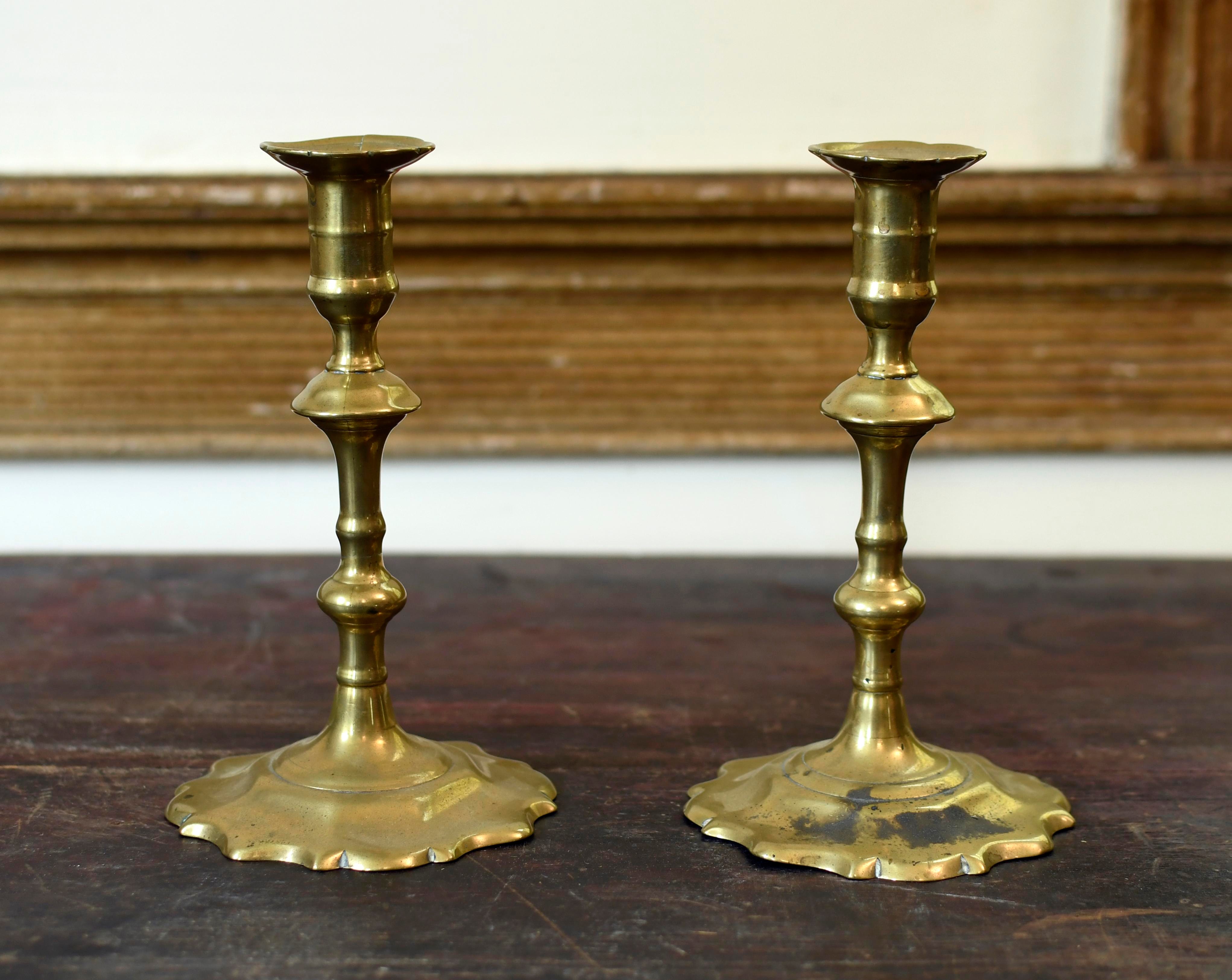 PAIR 18TH C. BRASS QA CANDLESTICKS..