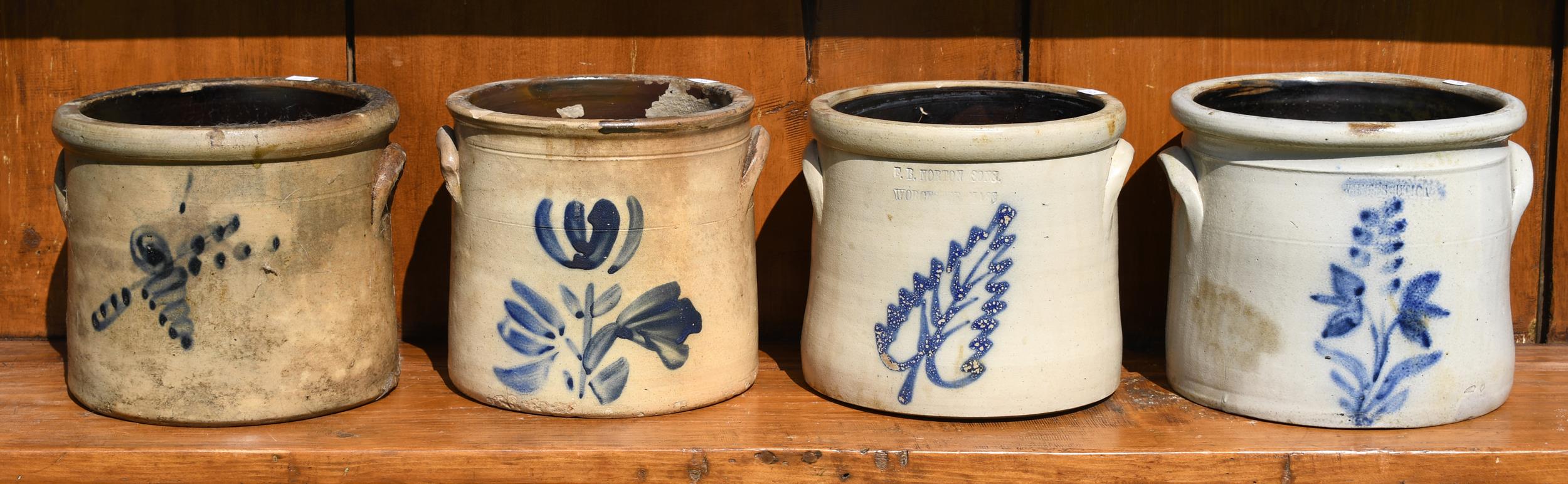 FOUR DECORATED ONE GALLON STONEWARE