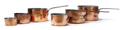 6 assorted copper sauce pans  