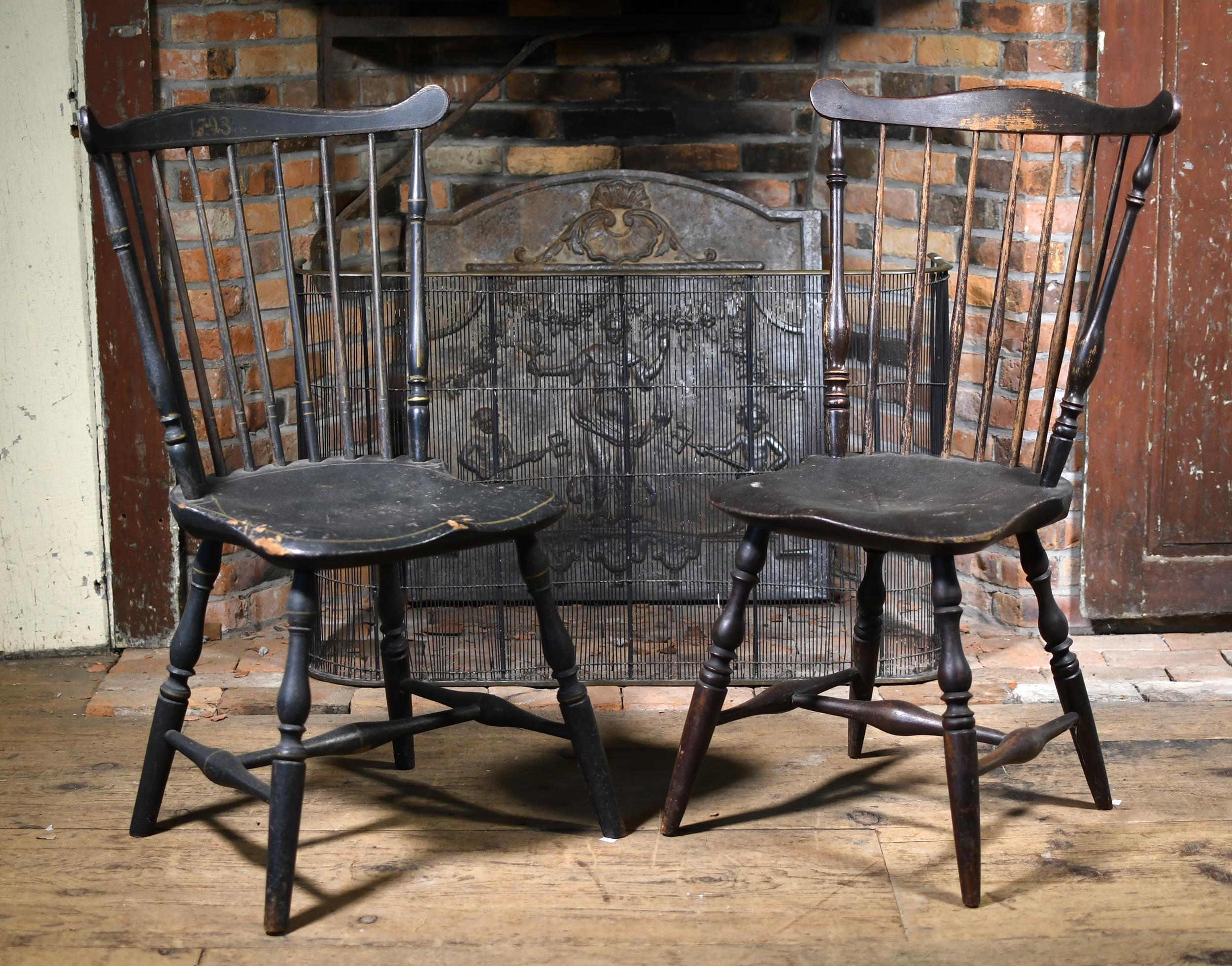 TWO 18TH C. WINDSOR FAN BACK CHAIRS.