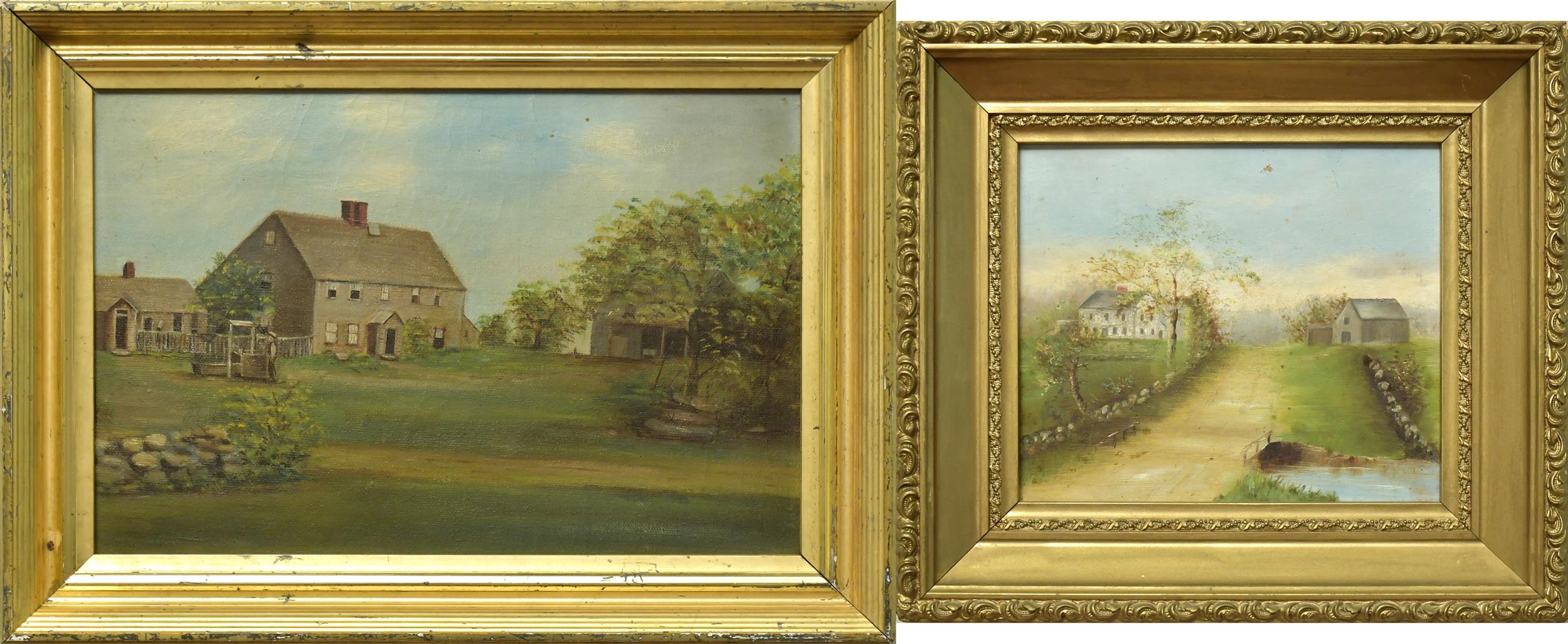 TWO ANTIQUE PRIMITIVE OILS, HOUSES.