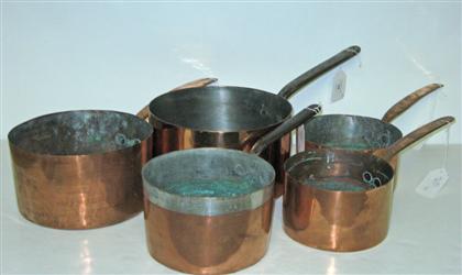 Five assorted sized copper sauce