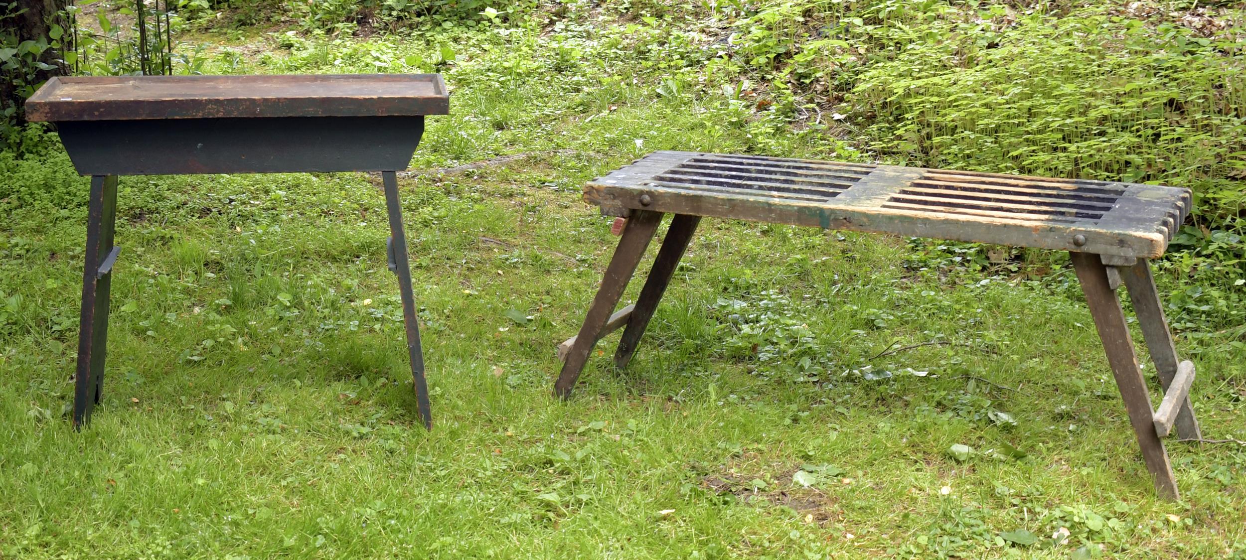 TWO ANTIQUE WATERING BENCHES. A