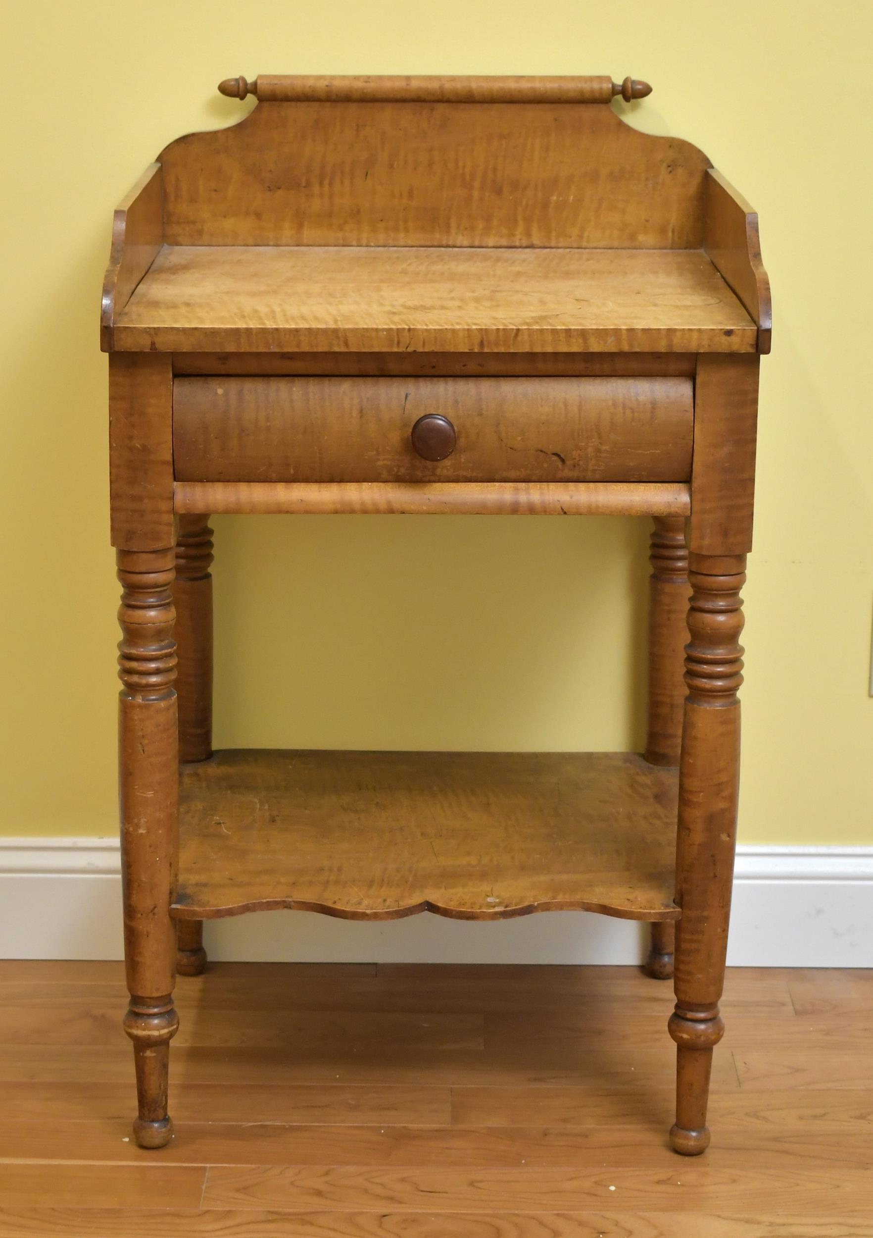 19TH C. TIGER MAPLE WASH STAND.