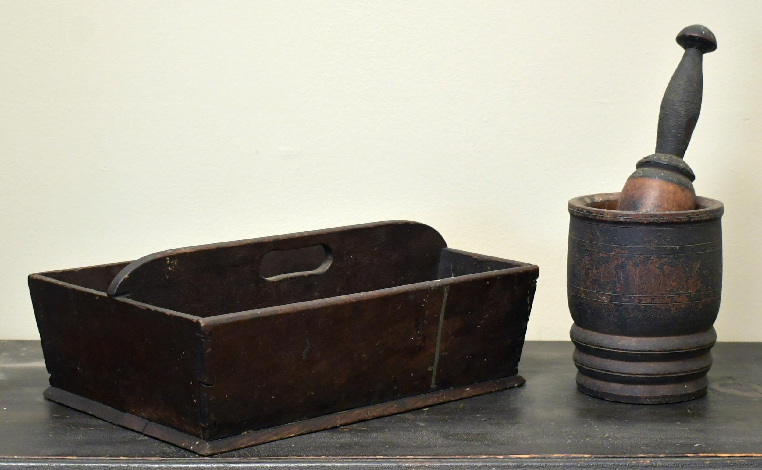 ANTIQUE CUTLERY TRAY AND MORTAR