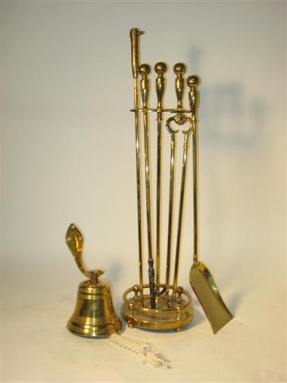 Set of brass fire tools and stand  