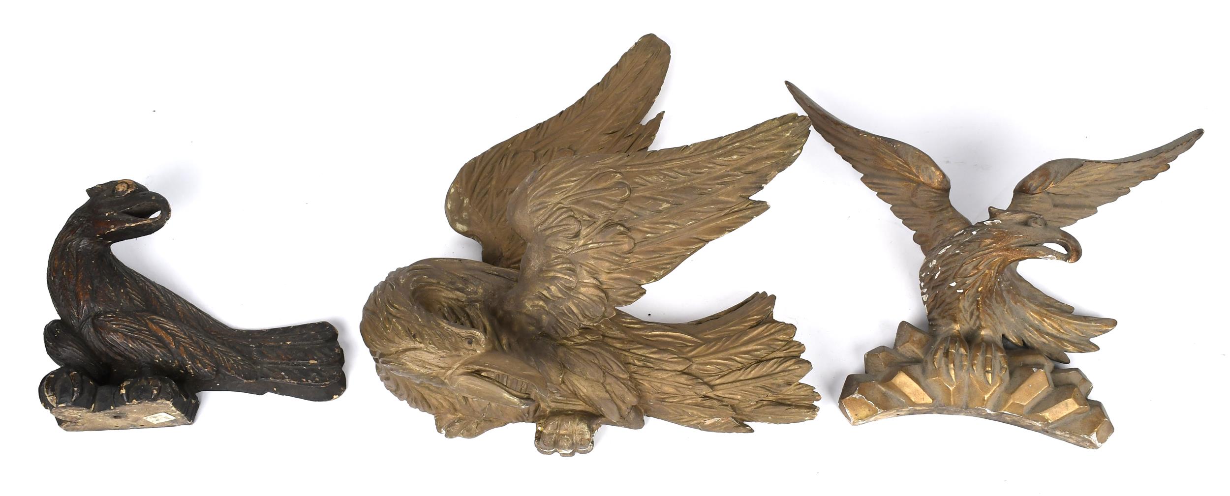 THREE 19TH C. CARVED AND GILT WOOD EAGLES.