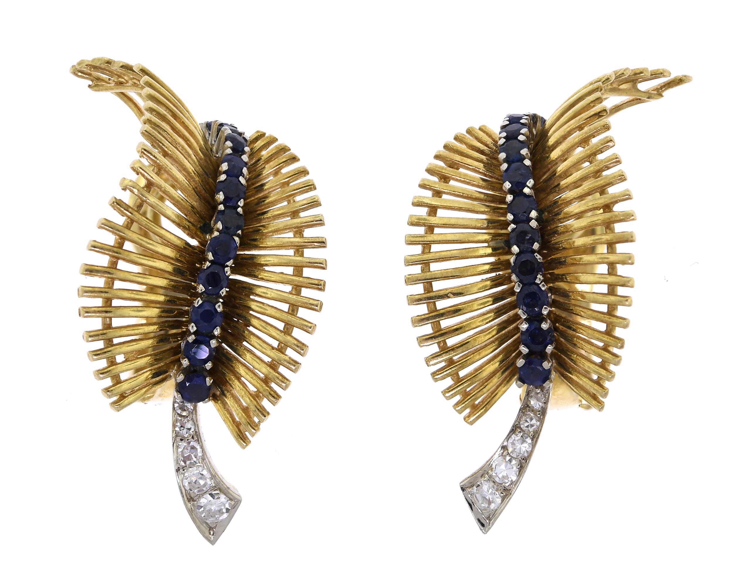 18K GOLD SAPPHIRE AND DIAMOND EARRINGS.