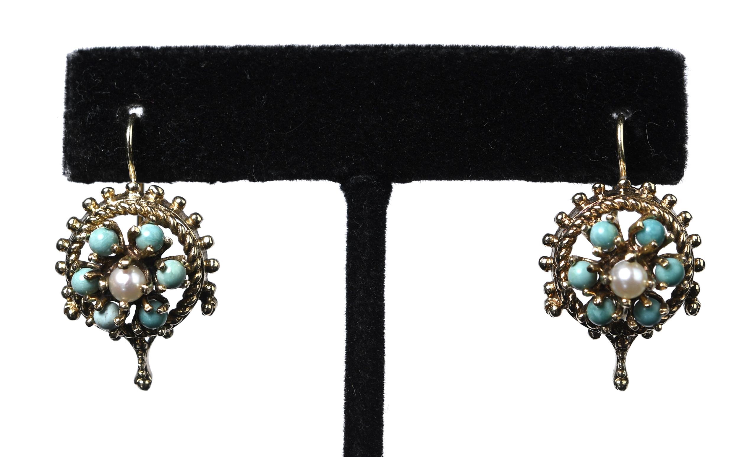 14K PEARL AND TURQUOISE EARRINGS