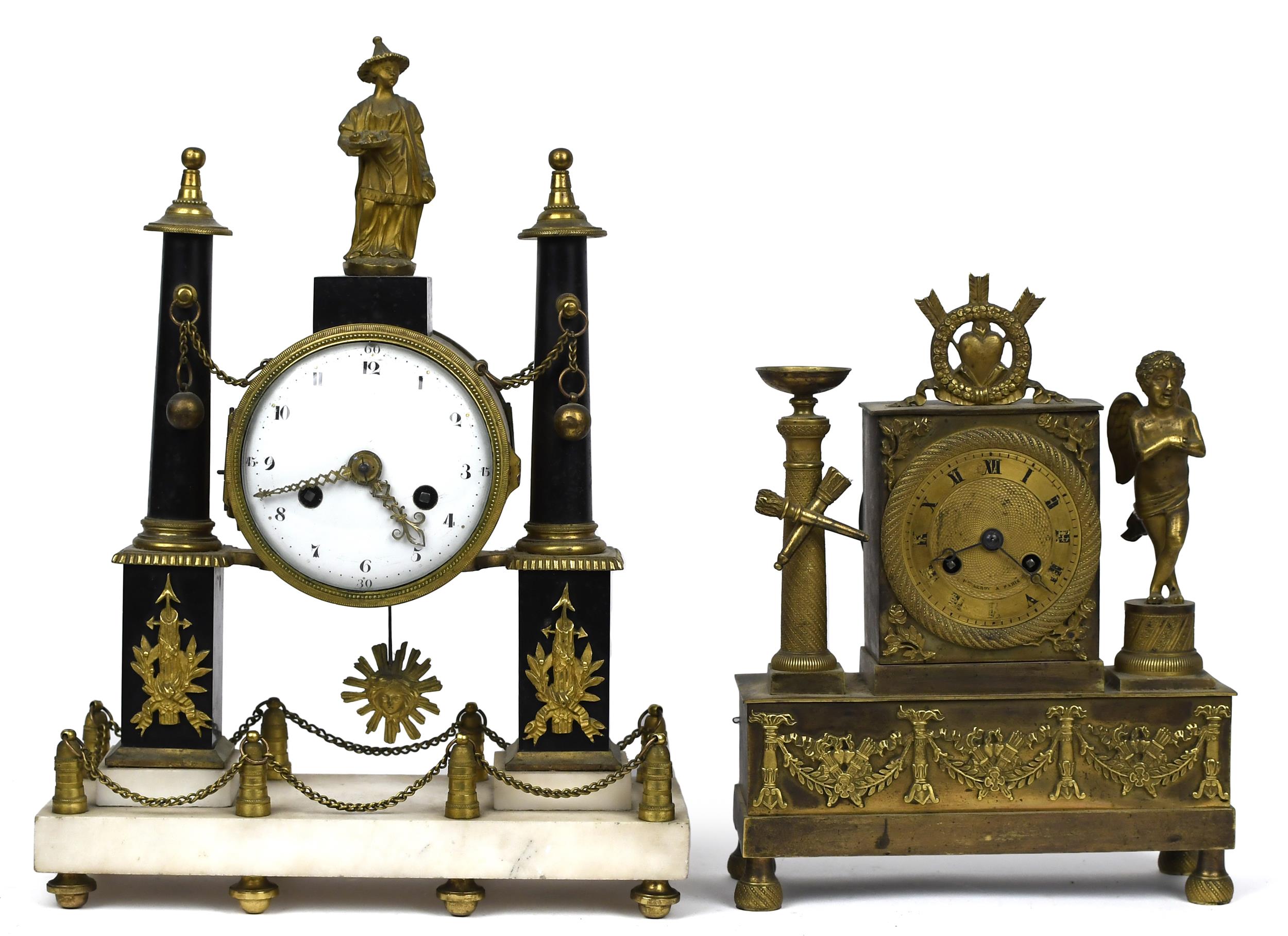 TWO 19TH C. FRENCH BRONZE MANTLE CLOCKS.