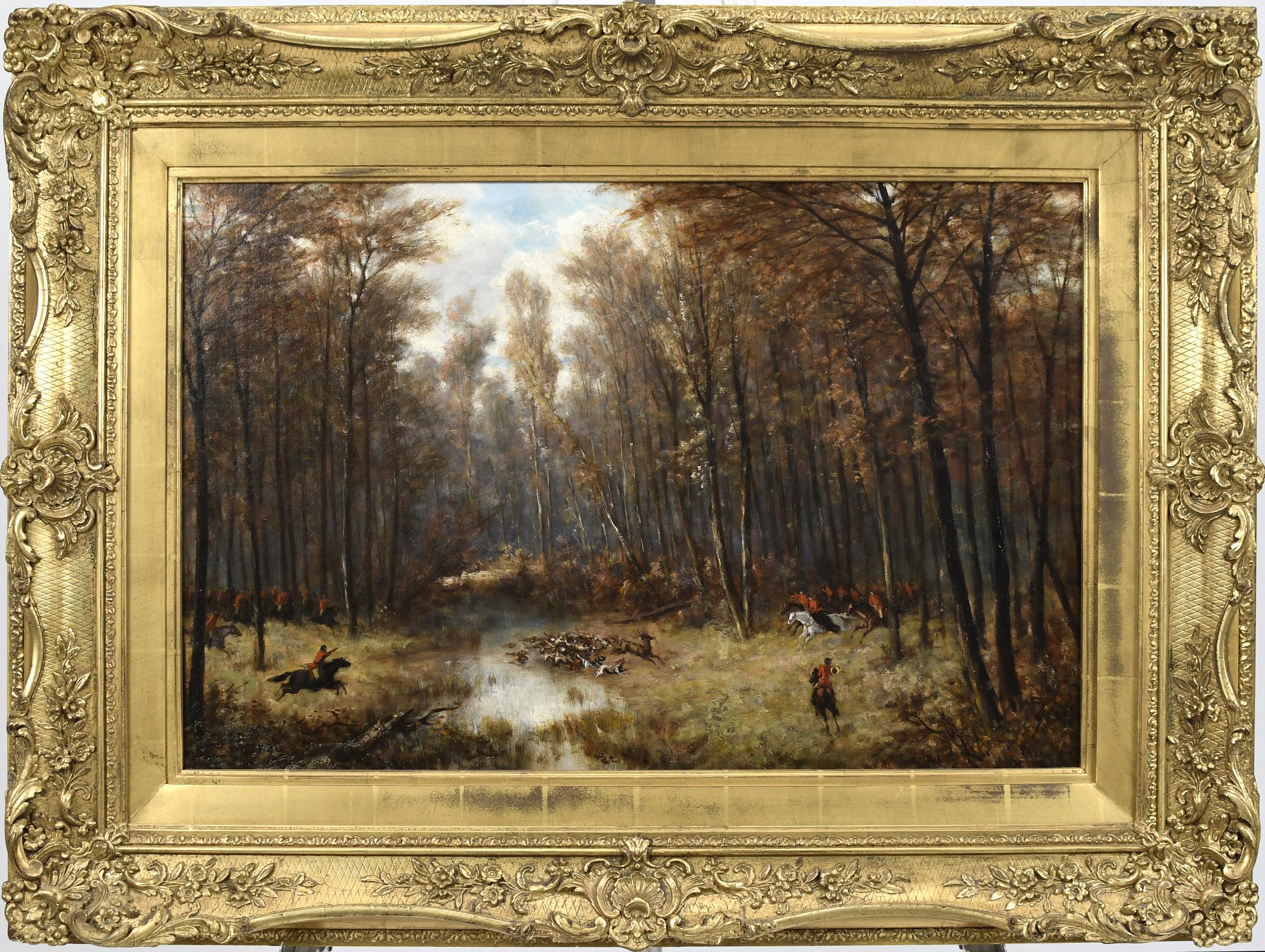 J. PREVOT STAG HUNTING OIL ON CANVAS.