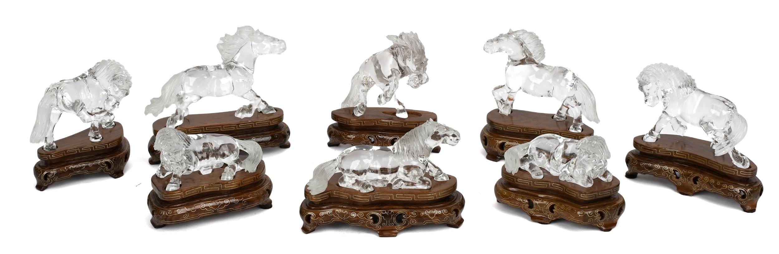 CHINESE CARVED ROCK CRYSTAL HORSES.