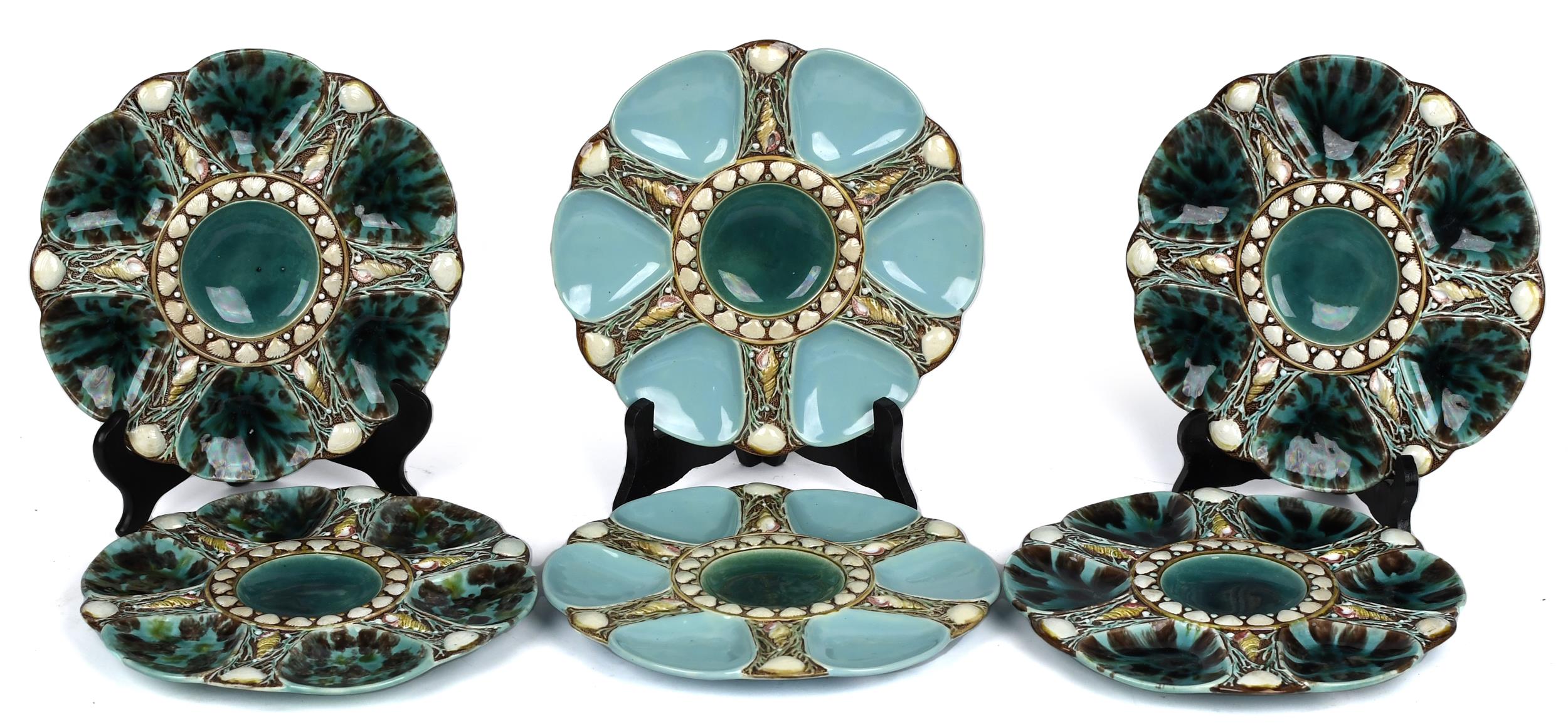 SET OF SIX MILTON MAJOLICA OYSTER PLATES.