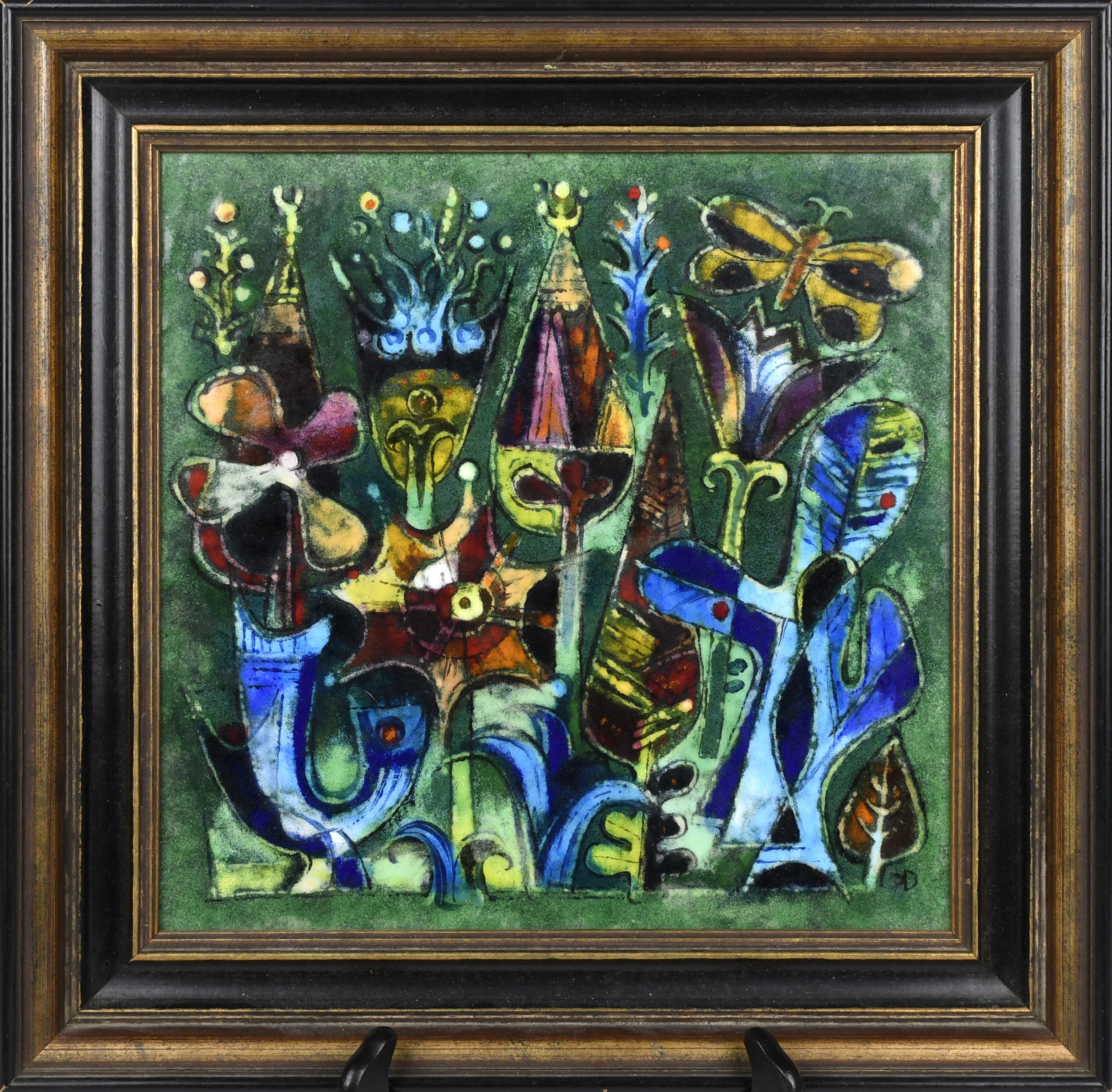 KARL DRERUP FRAMED ENAMEL PLAQUE, ABSTRACT