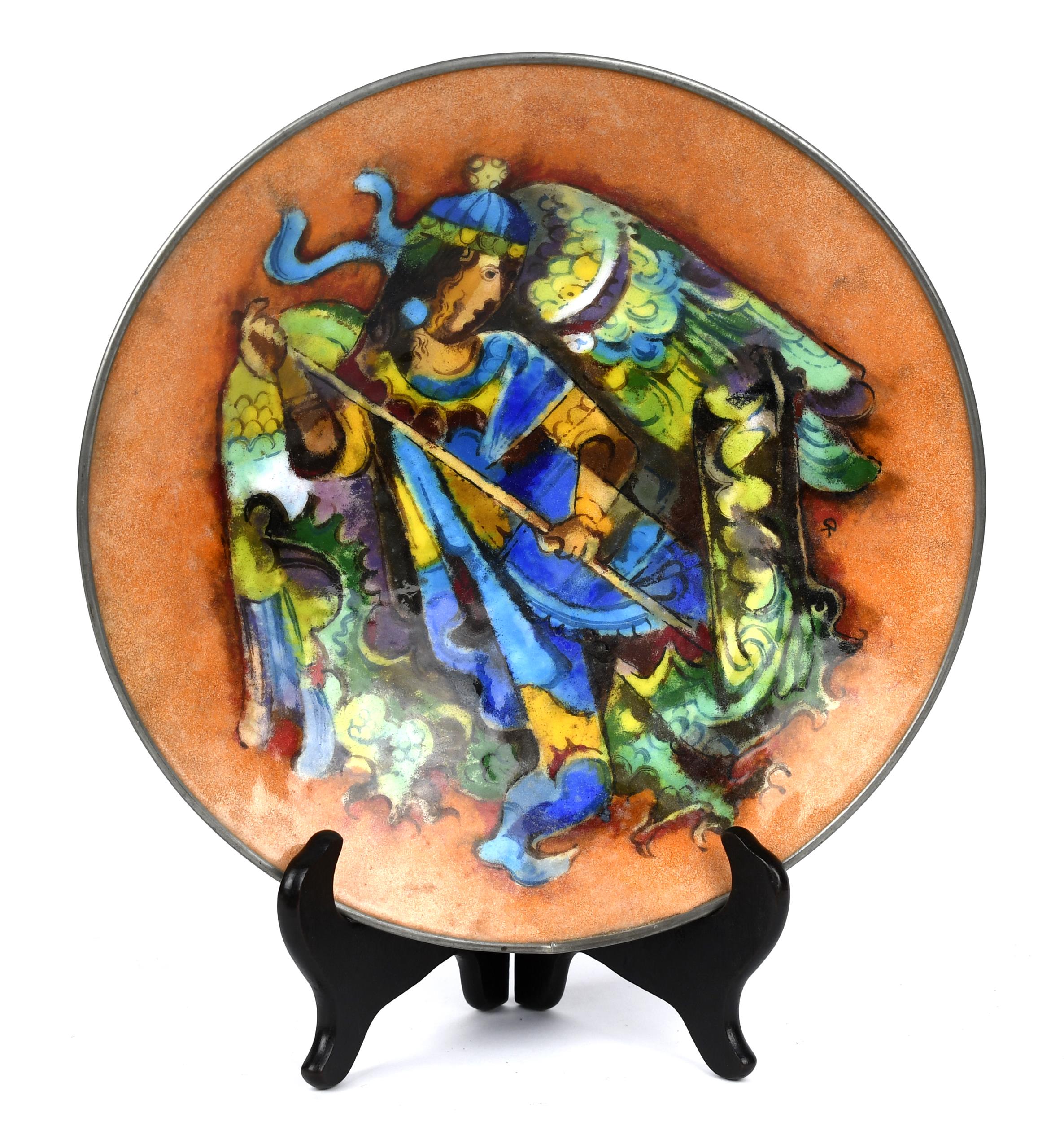 KARL DRERUP ENAMEL BOWL, WINGED FIGURE.