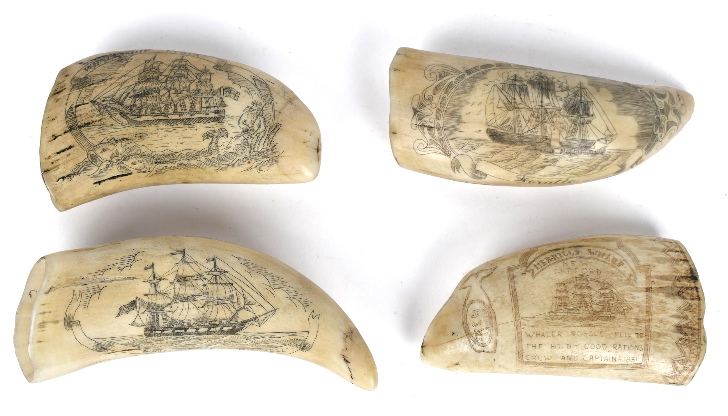 FOUR SCRIMSHAW WHALE’S TEETH.