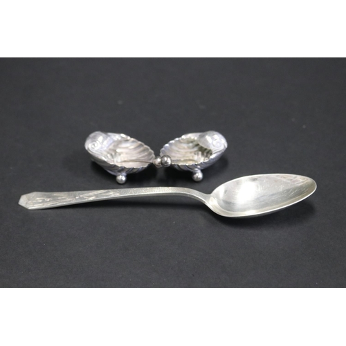 Pair of shell salts & spoons, along