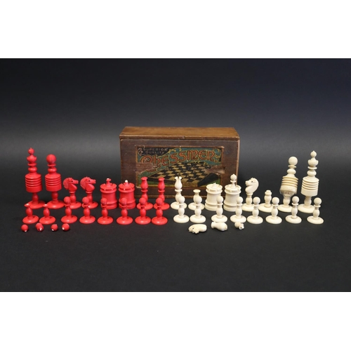 Antique boxed stained ivory chess set.