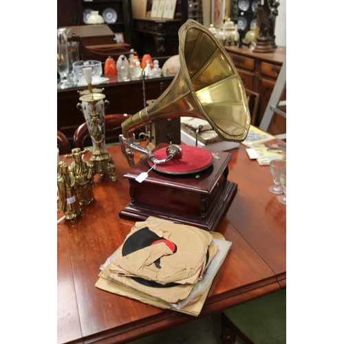 Table top gramophone and records,