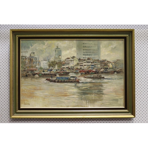 Painting of boats in river, signed lower