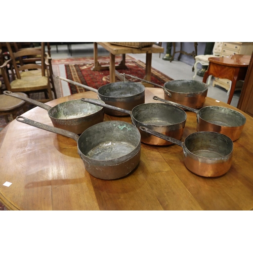 Antique French copper pans, rustic,