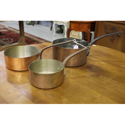 Three French copper pans, approx