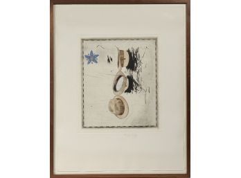 Colored etching and aquatint of hats,