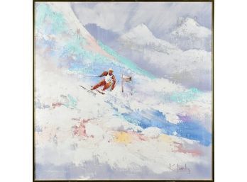 A contemporary oil on canvas, ski