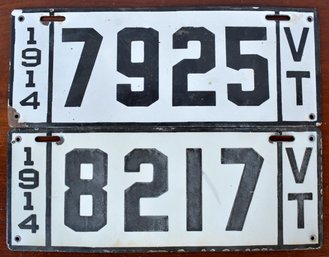 Two 1914 VT porcelain license plates,