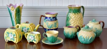 A collection of vintage majolica tableware,