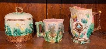 Three pieces of antique majolica table