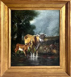 19th C oil on canvas cow and calf  30648d