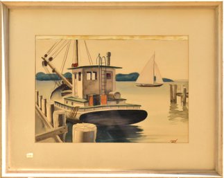 A mid-century watercolor of a tug