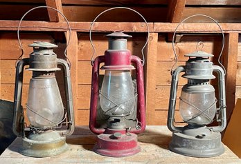 A Dietz metal lantern 15.25H, red painted